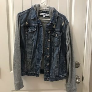 Denim jacket with hood and grey stretch sleeves